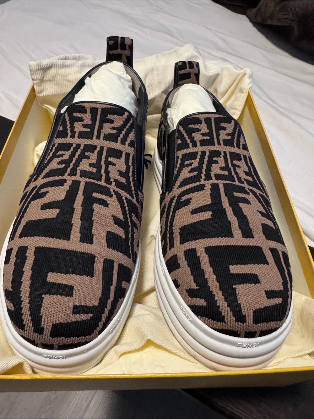 Fendi Black and Brown Logo Knit Slip-On Sneakers